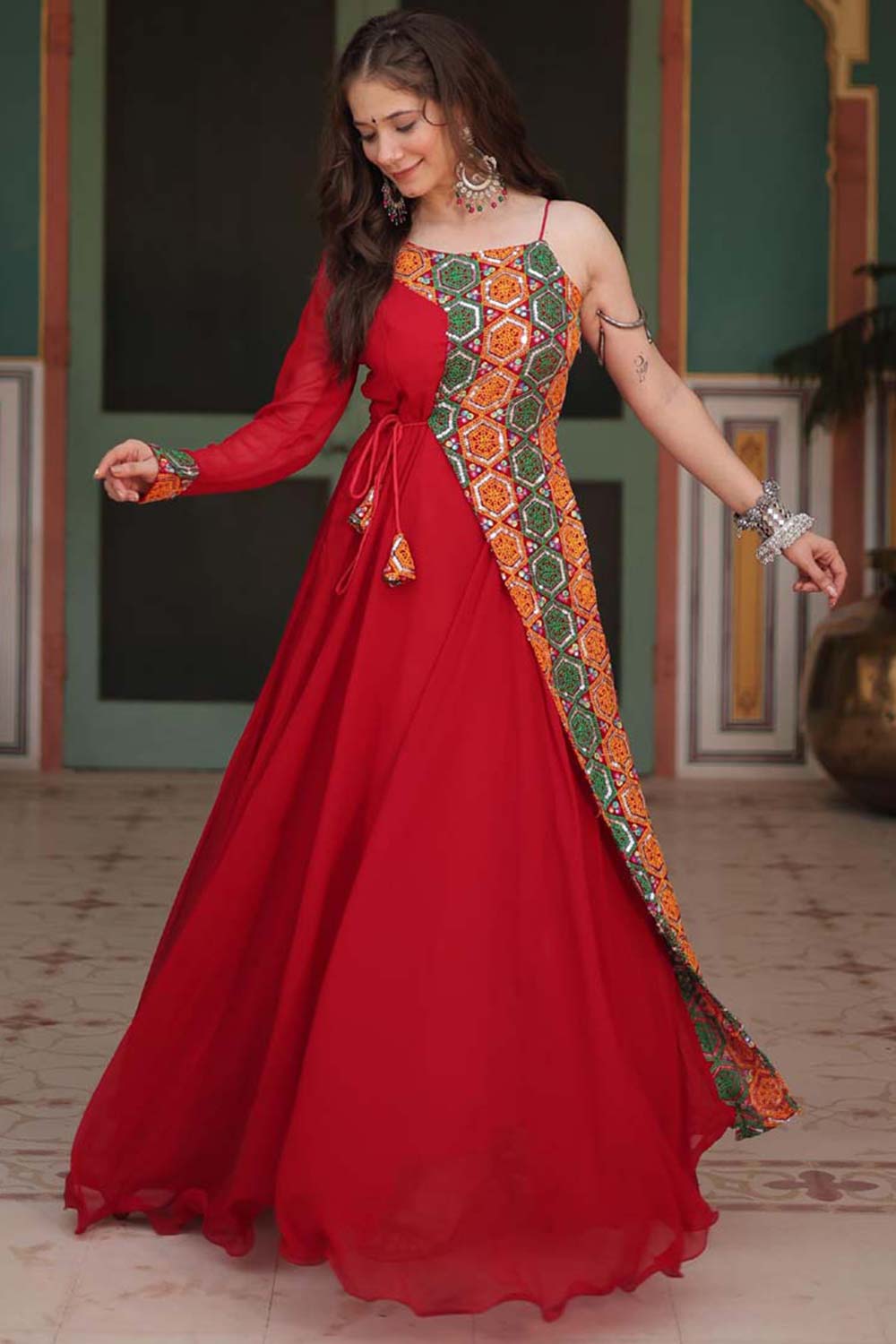 Red Georgette Gamthi Work Navaratri Gown