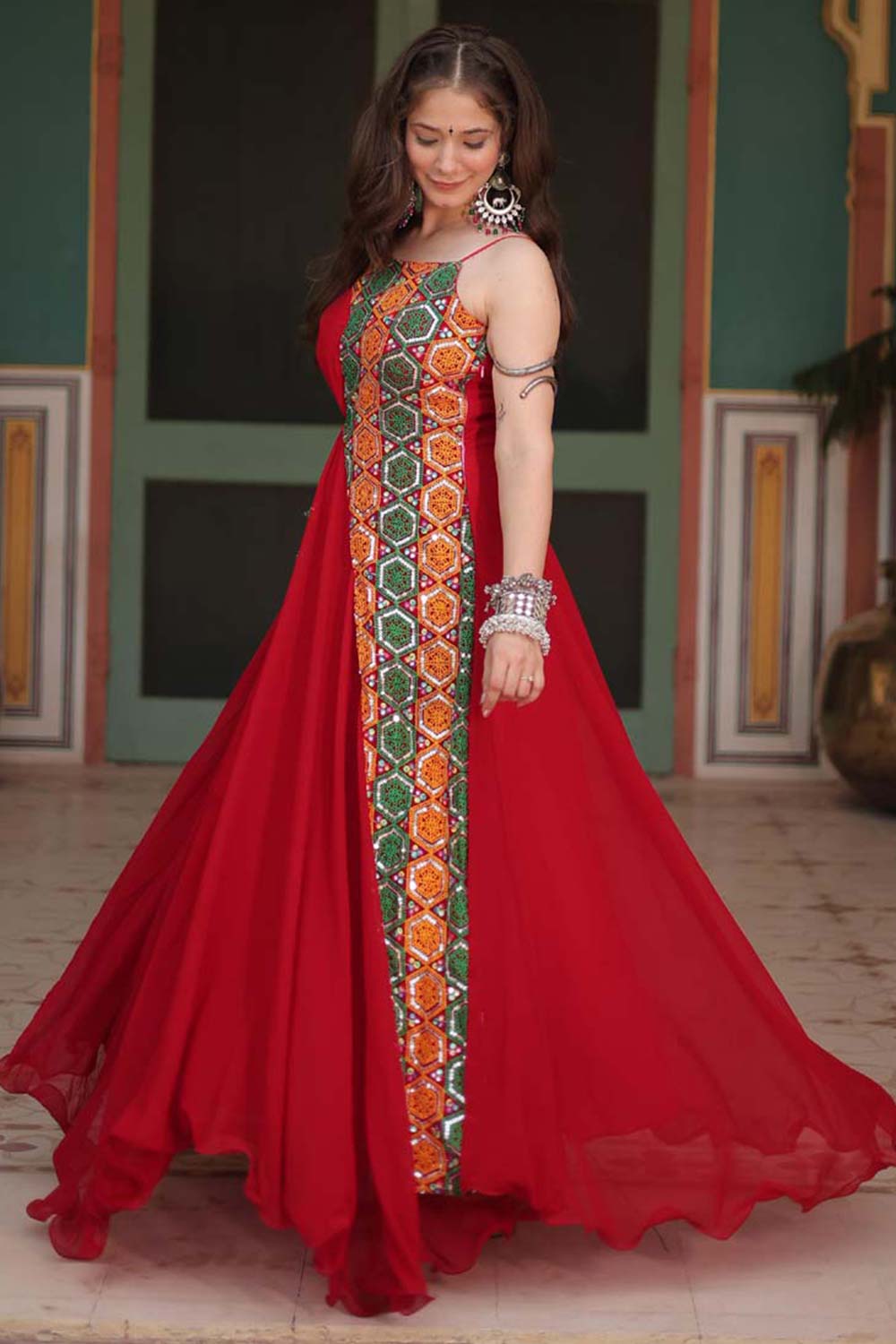 Red Georgette Gamthi Work Navaratri Gown