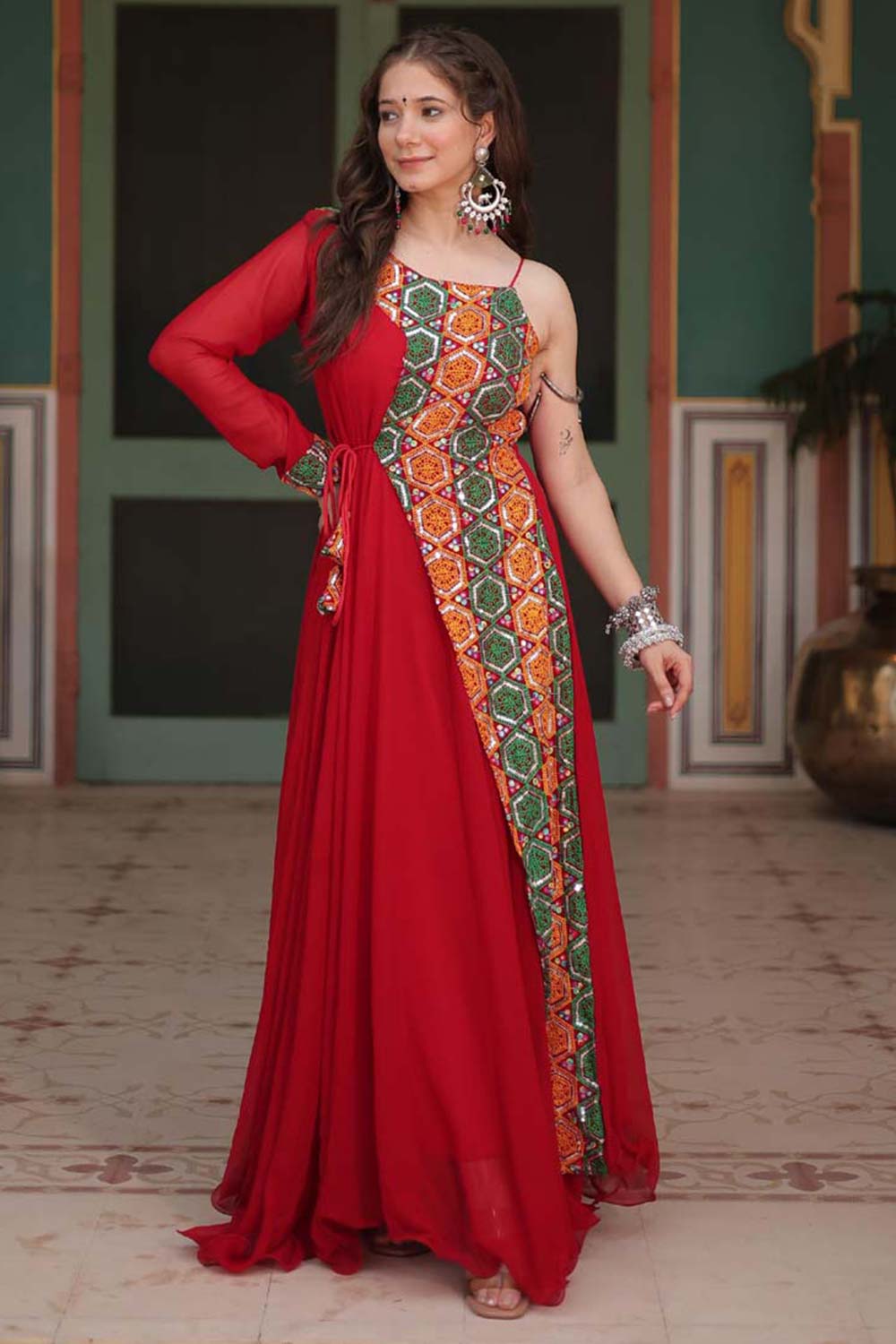 Red Georgette Gamthi Work Navaratri Gown