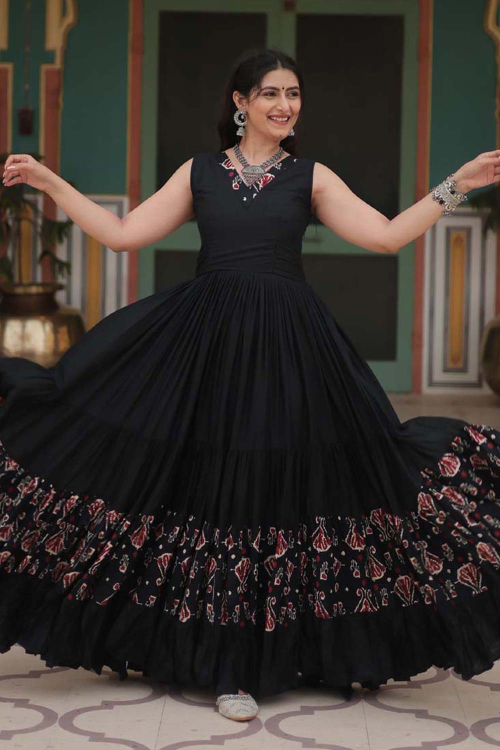 Black Rayon Printed Gown For Navaratri