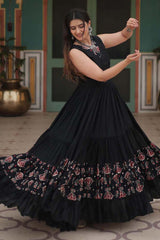 Black Rayon Printed Gown For Navaratri