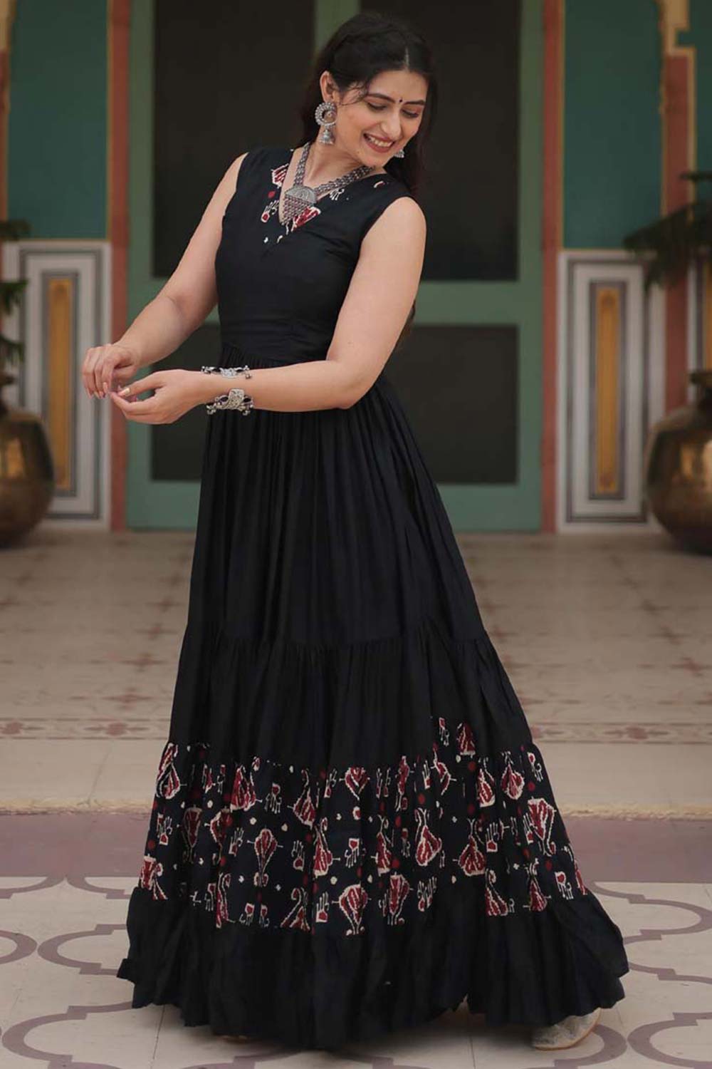 Black Rayon Printed Gown For Navaratri