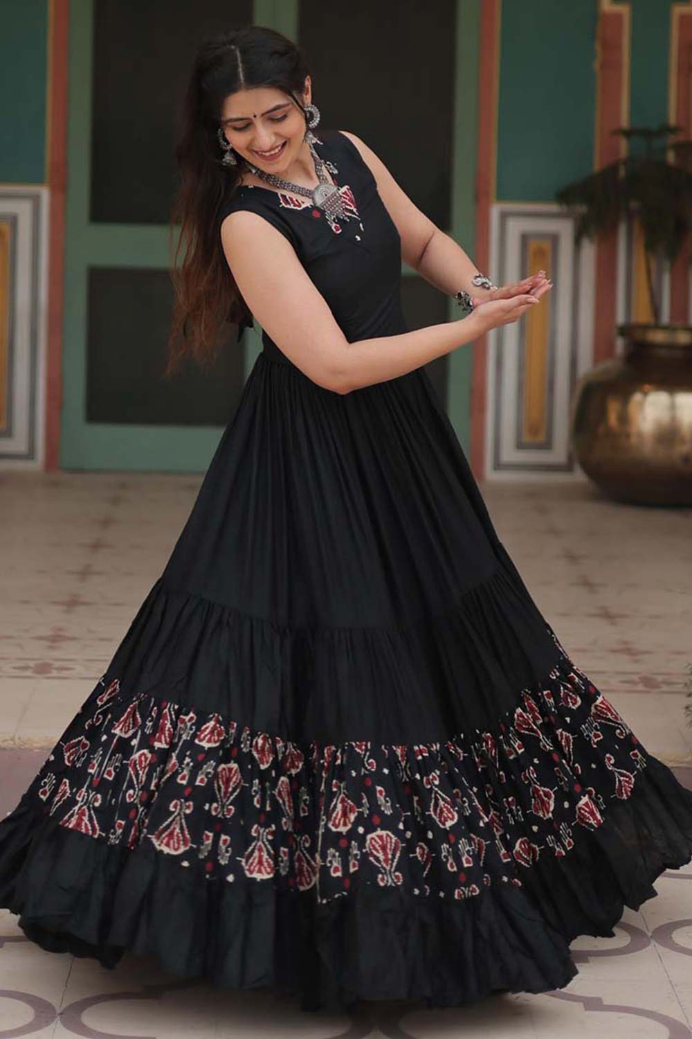 Black Rayon Printed Gown For Navaratri