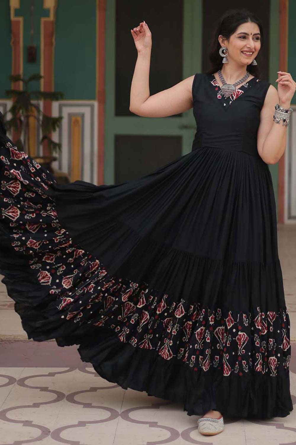 Black Rayon Printed Gown For Navaratri