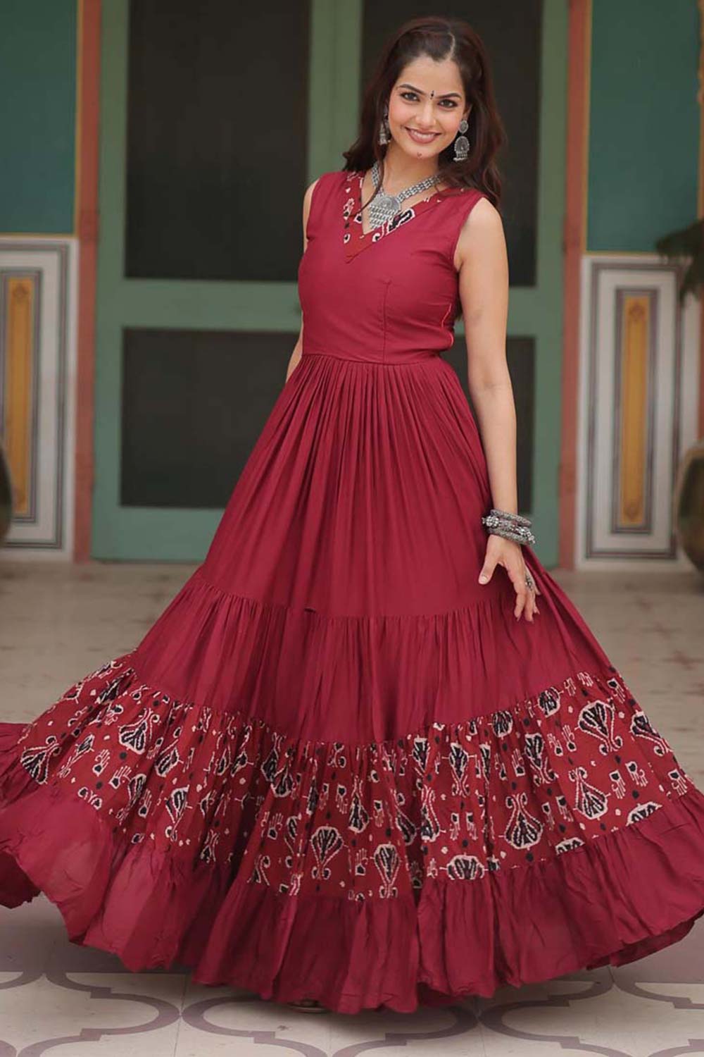 Maroon Rayon Printed Gown For Navaratri