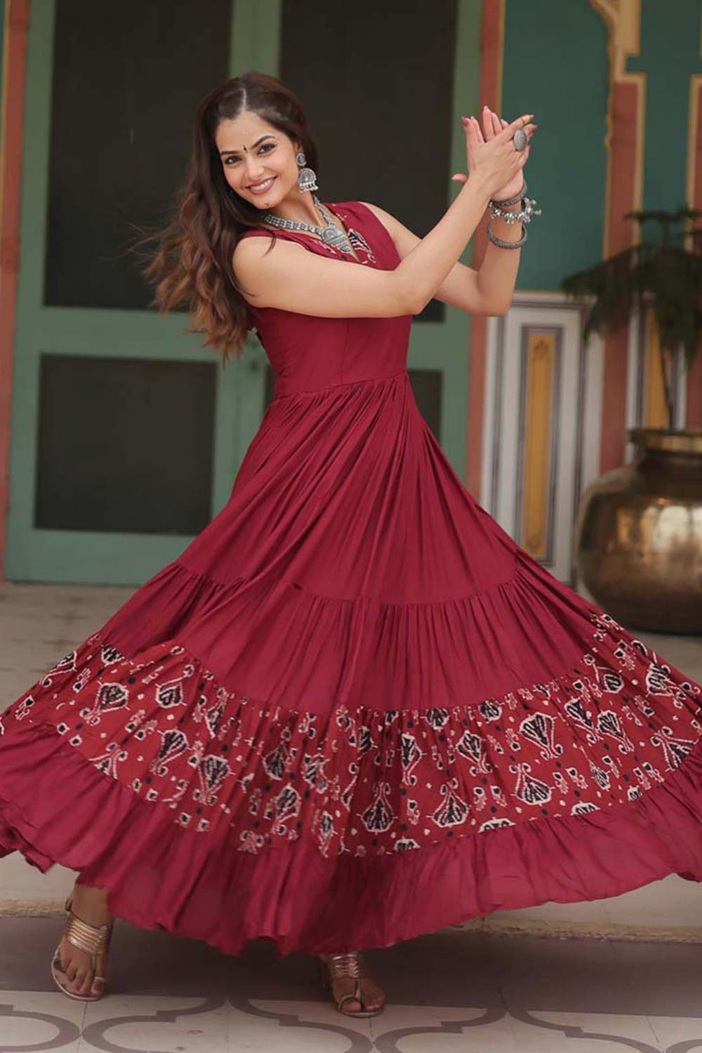 Maroon Rayon Printed Gown For Navaratri