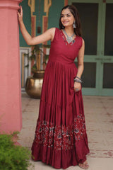 Maroon Rayon Printed Gown For Navaratri