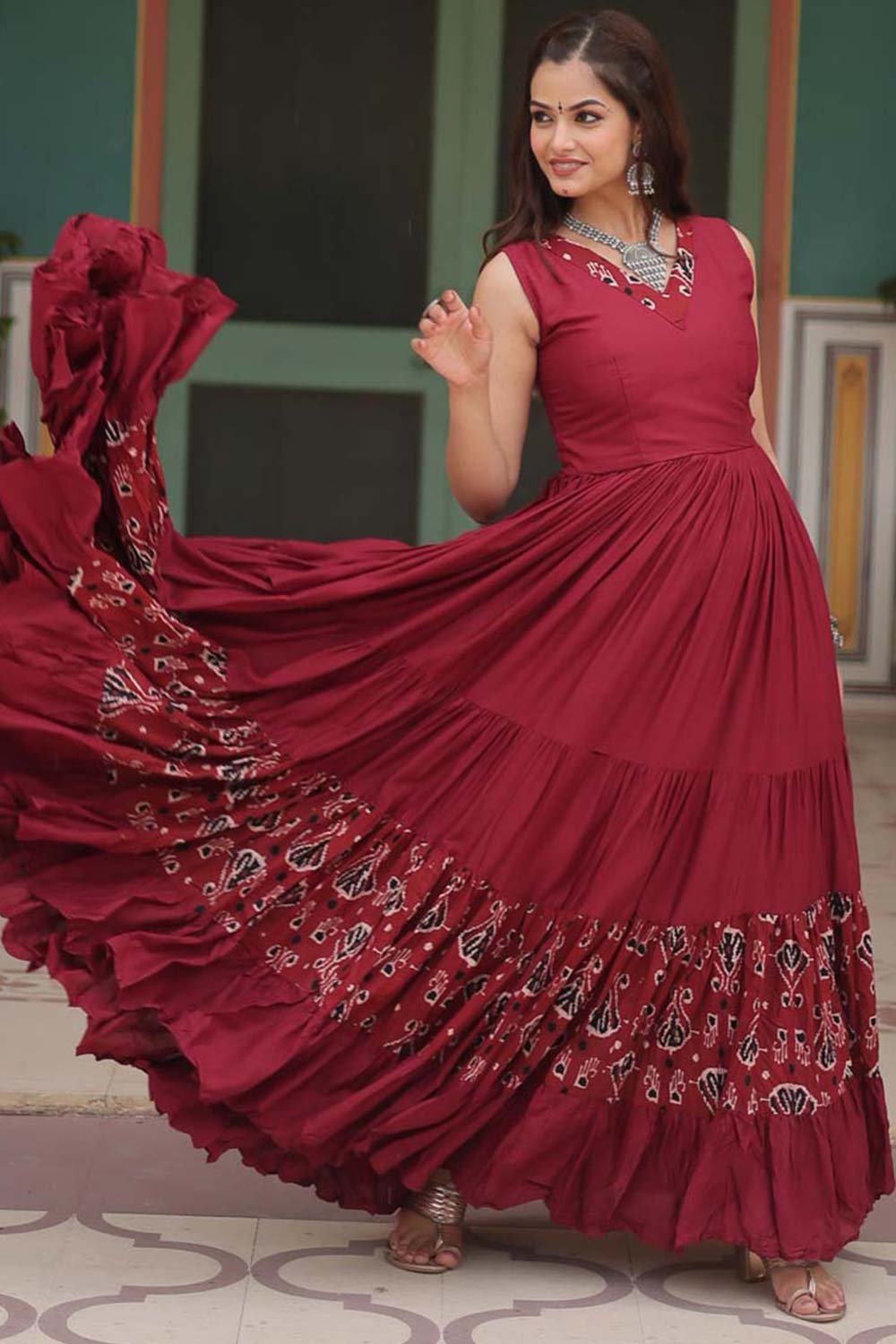 Maroon Rayon Printed Gown For Navaratri