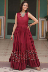 Maroon Rayon Printed Gown For Navaratri