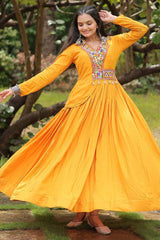 Yellow Rayon With Kutchi Gamthi Work Gown