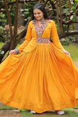 Yellow Rayon With Kutchi Gamthi Work Gown