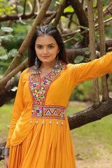 Yellow Rayon With Kutchi Gamthi Work Gown