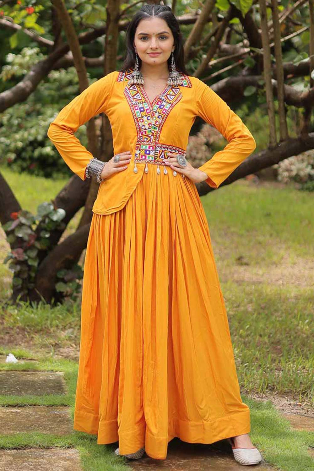 Yellow Rayon With Kutchi Gamthi Work Gown