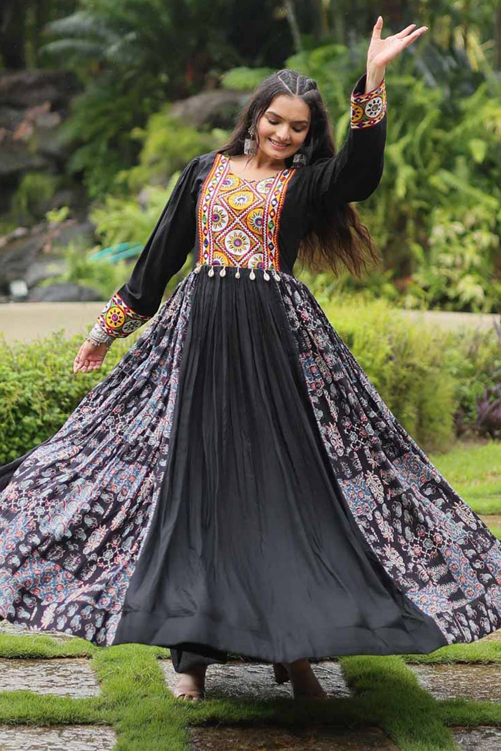 Black Rayon With Kutchi Gamthi Work Gown