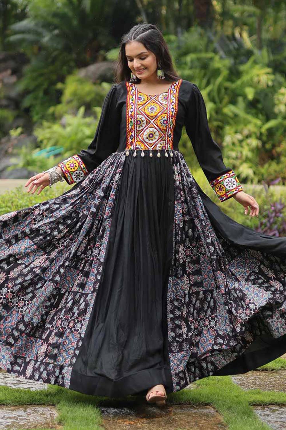 Black Rayon With Kutchi Gamthi Work Gown