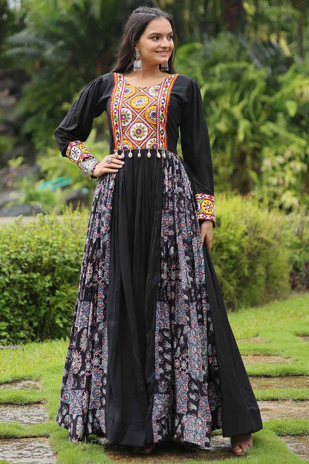 Black Rayon With Kutchi Gamthi Work Gown