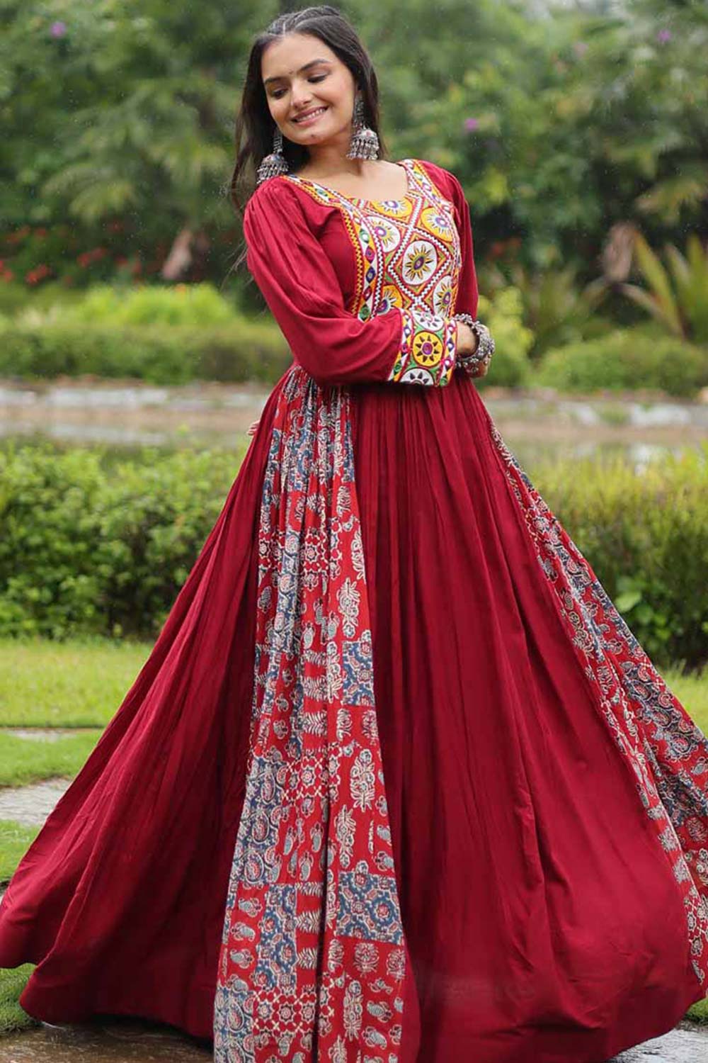 Maroon Rayon With Kutchi Gamthi Work Gown