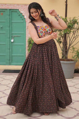 Black Cotton Printed Kutchi Gamthi Work Gown