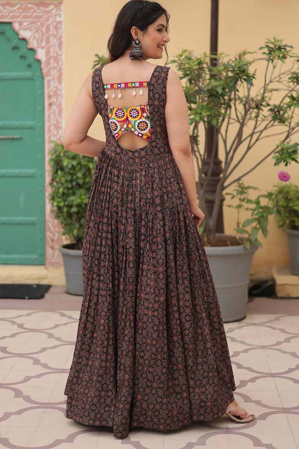 Black Cotton Printed Kutchi Gamthi Work Gown