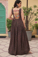 Black Cotton Printed Kutchi Gamthi Work Gown