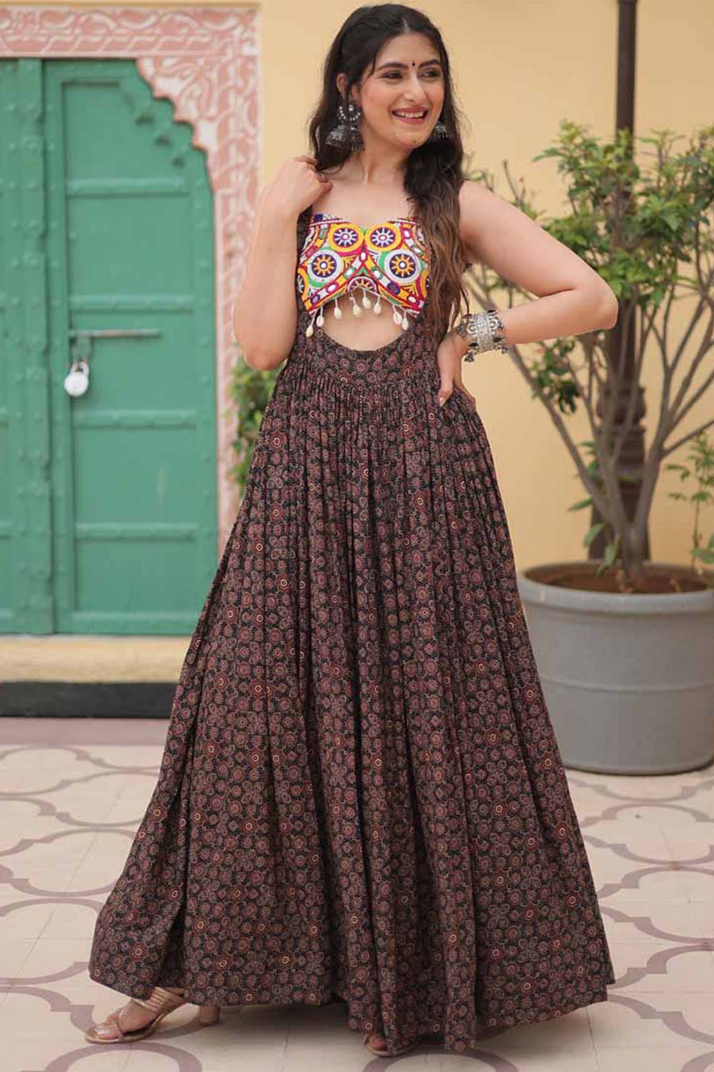 Black Cotton Printed Kutchi Gamthi Work Gown