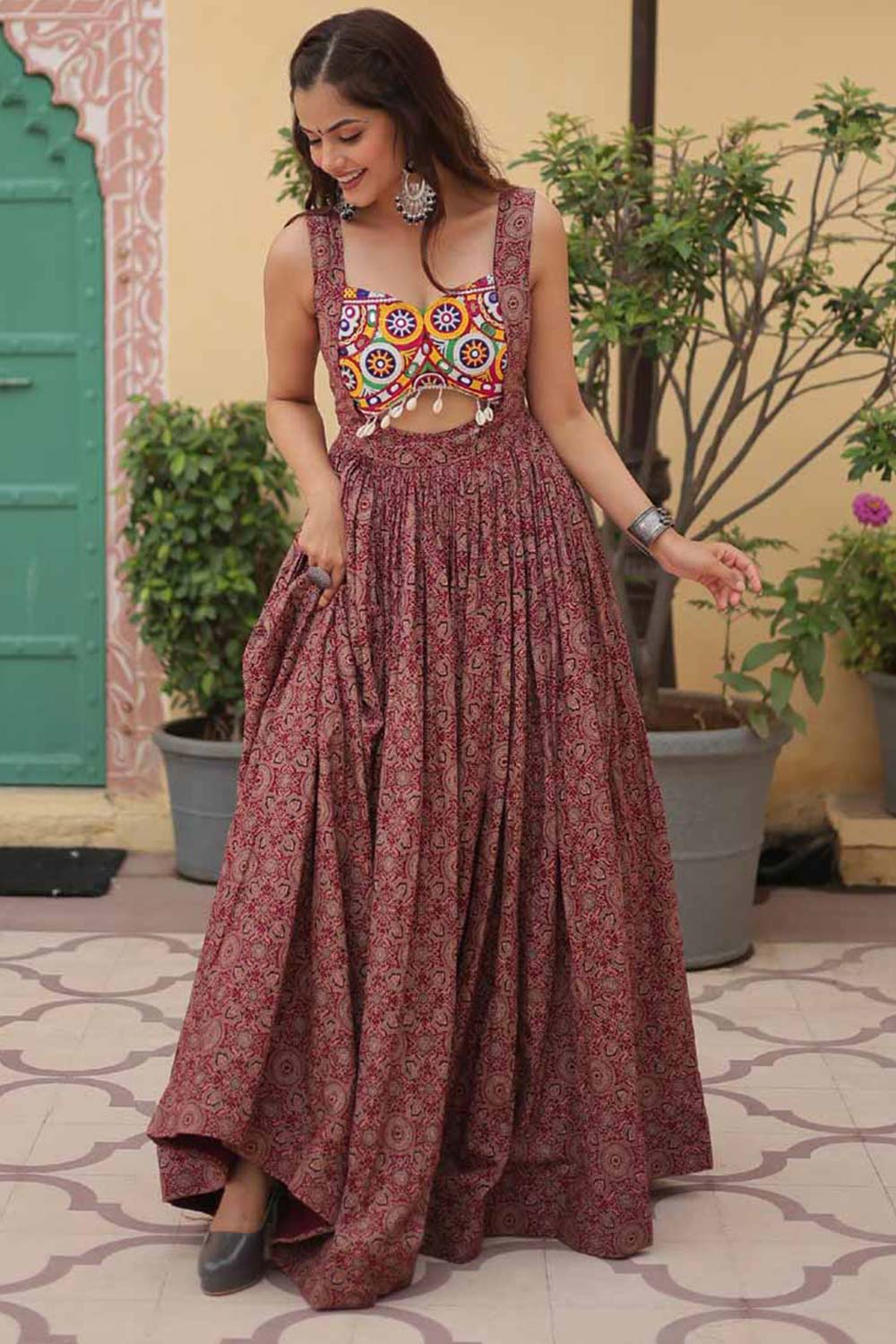 Maroon Cotton Printed Kutchi Gamthi Work Gown