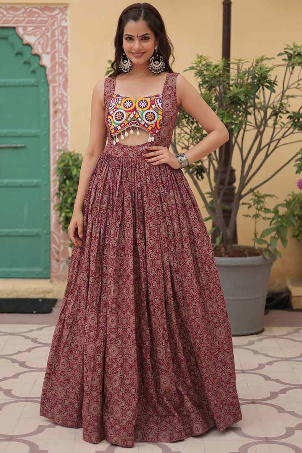 Maroon Cotton Printed Kutchi Gamthi Work Gown