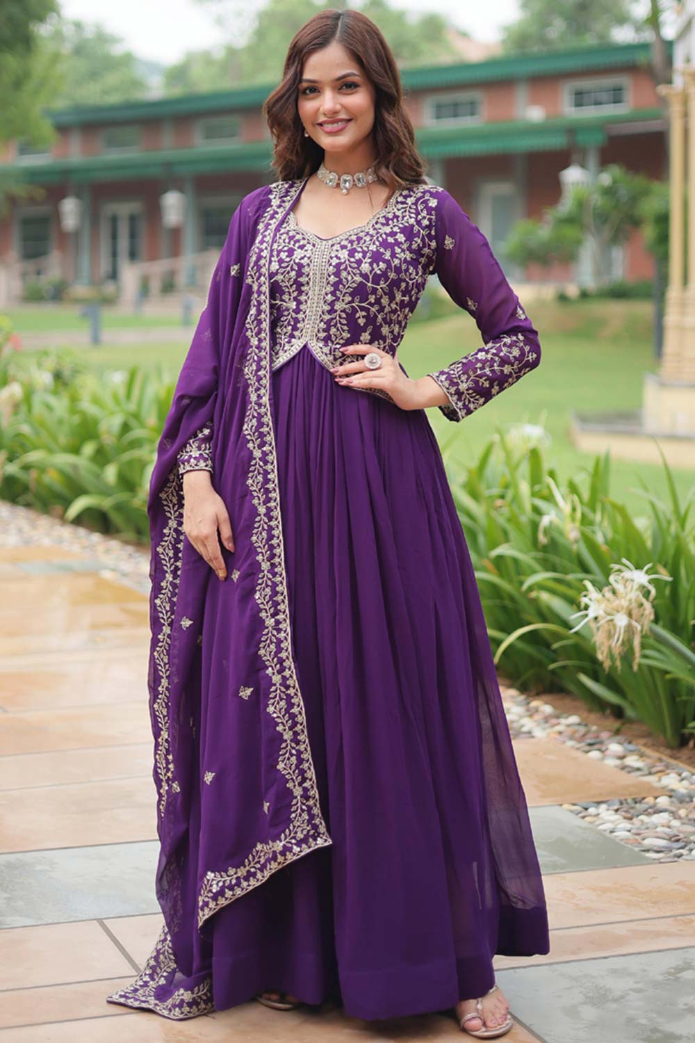 Purple Solid Embroidered Georgette Gown