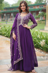 Purple Solid Embroidered Georgette Gown