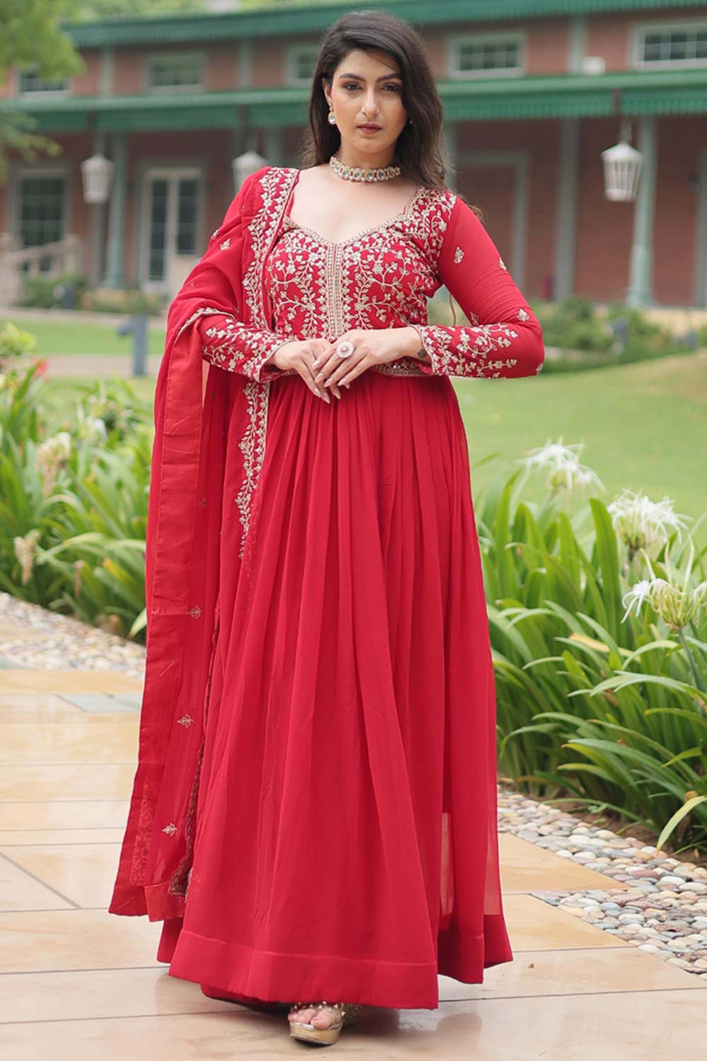 Red Solid Embroidered Georgette Gown