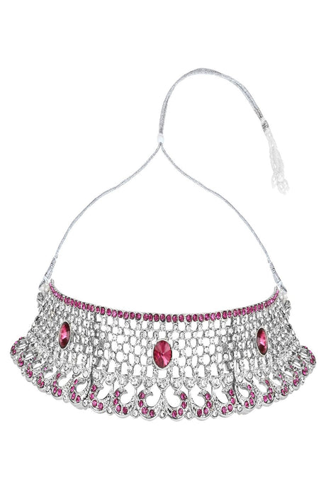 Silver Plated Traditional Design Stone Work Choker Necklace Jewellery Set With Chandbali Earring & Maang