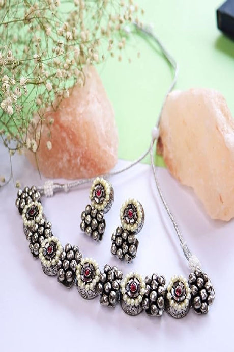 Navratri German Silver Oxidized Jeweler Antique Choker Necklace Set with Earrings