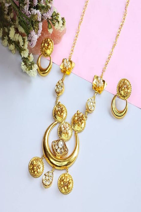Gold Plated Antique Long Necklace Jewellery Set with Earrings