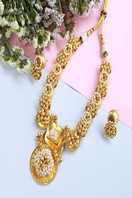 Gold Plated Antique Long Necklace Jeweler Set with Earrings