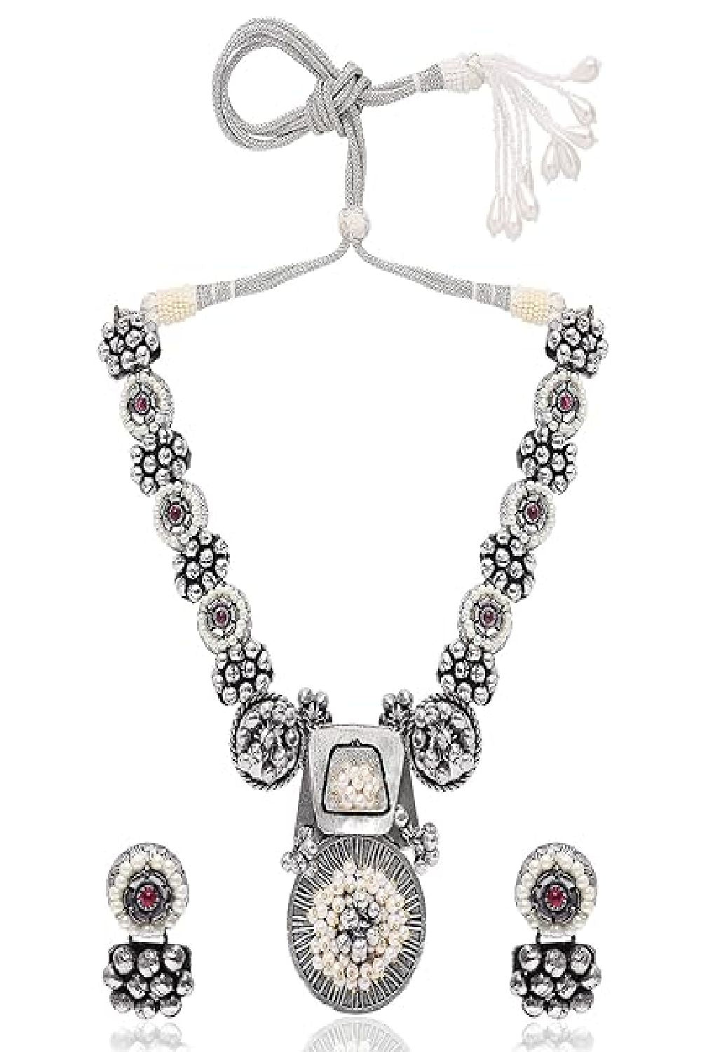Navratri German Silver Oxidised Jewellery Antique Long Necklace Set with Earrings