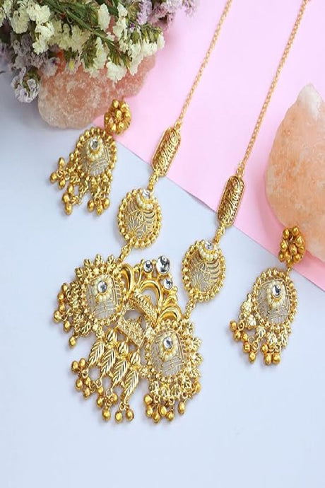 Gold Plated Antique Long Necklace Jewellery Set with Earrings