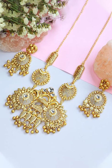 Gold Plated Antique Long Necklace Jeweler Set With Earrings