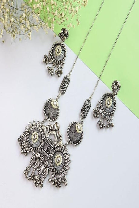 Navratri German Silver Oxidised Jewellery Antique Long Necklace Set with Earrings