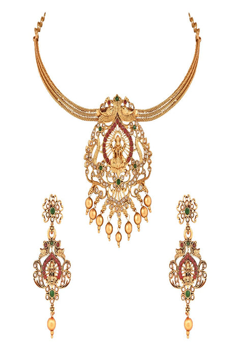 Gold Plated Traditional Temple Choker Necklace Jeweler With Earrings Set