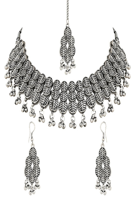 Silver Oxidised Traditional Afghani Choker Necklace With Earrings And Maang Tikka Jewellery Set