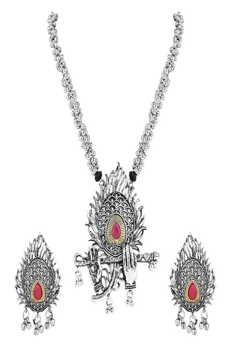 Silver Oxidized Krishna Murli and Feather Long Necklace With Earring Jeweler Set