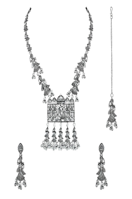 Silver Oxidized Inspired by Garba With Peacock and Elephant Design Long Necklace Jeweler Set