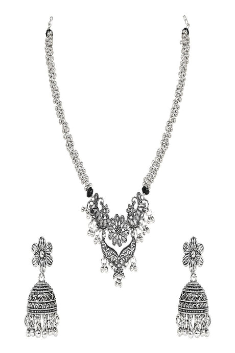 Silver Oxidised Floral Design Ghungroo Long Necklace Jewellery With Jhumka Earring Set