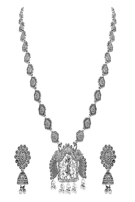 Silver Oxidised Peacock Design Long Necklace Jewellery With Jhumka Earrings Set