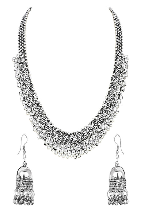 Silver Oxidised Floral Design Ghungroo Long Necklace Jewellery With Jhumka Earrings Set