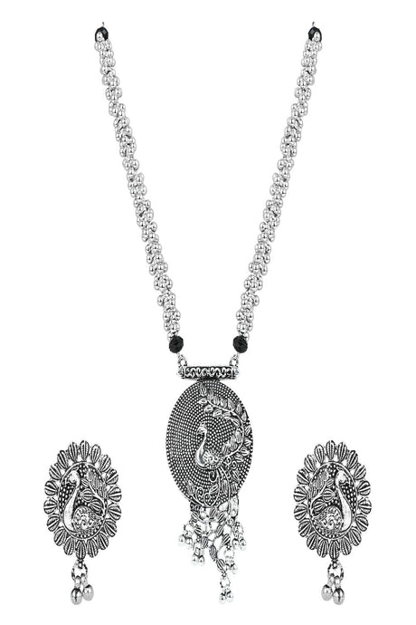 Silver Oxidised Peacock Design Long Necklace With Earring Jewellery Set