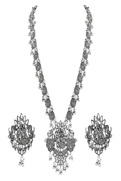 Silver Oxidised Radha Krishna Design Long Necklace Jewellery Set