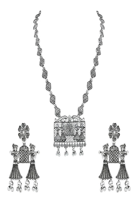 Silver Oxidised Floral Design Ghungroo Long Necklace Jewellery With Jhumka Earrings Set