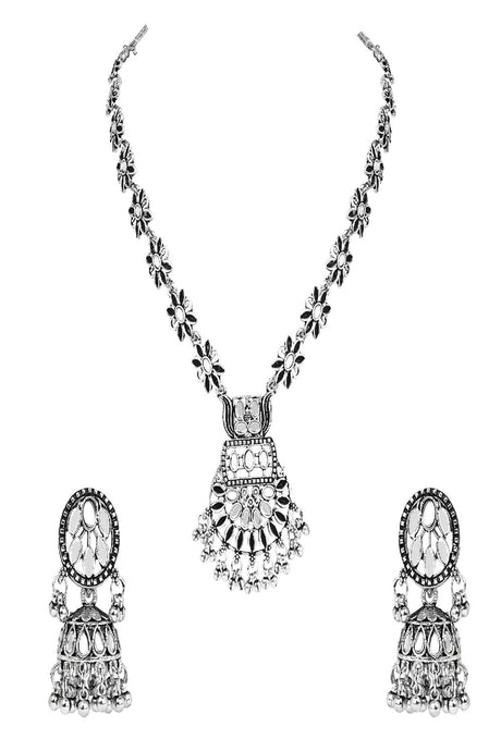 Silver Oxidized Floral Design Ghungroo Long Necklace Jeweler With Jhumka Earrings Set