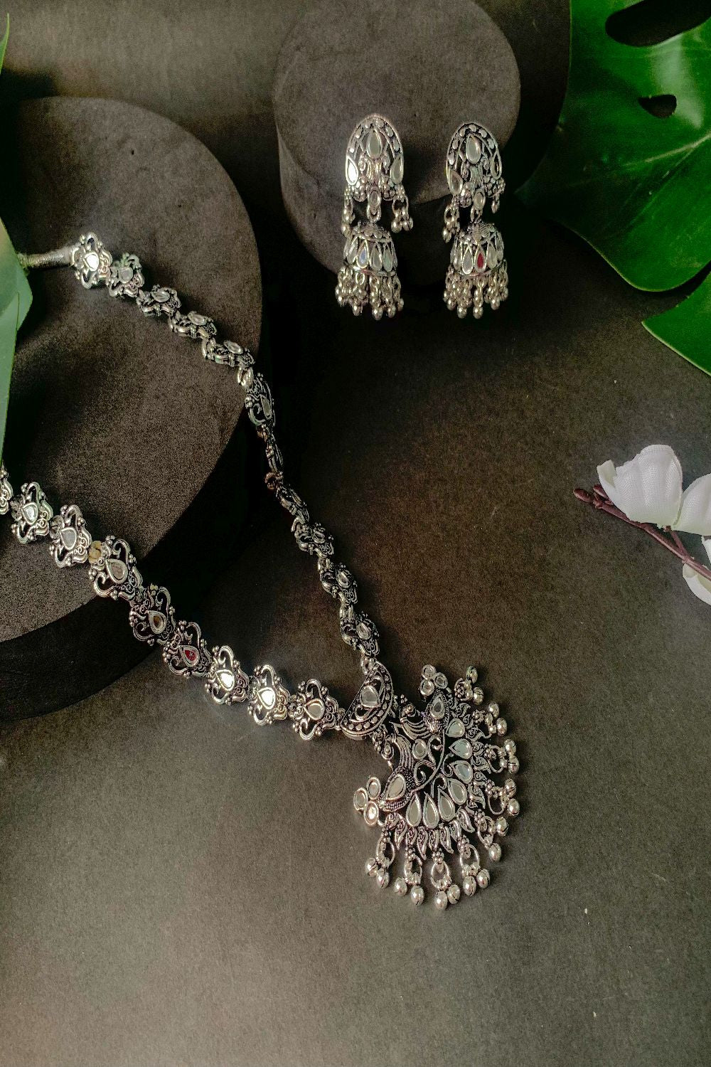 Traditional Silver Oxidised Long Necklace Jewellery Set With Earring